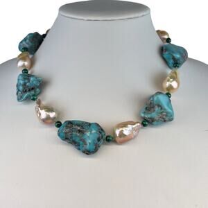 Dallas Prince Turquoise Malachite Baroque Pearl Sterling Silver Necklace 19"